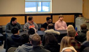Shrestha (2nd from the right) and others hosts a Q&A for the St. Cloud State University College of Science and Engineering.